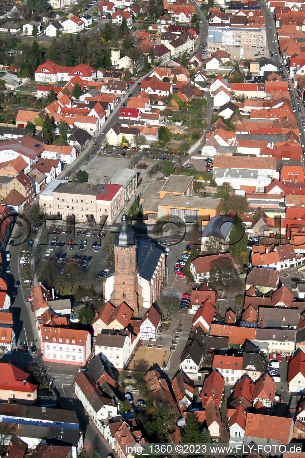 Aerial view of St. George's Church in Kandel in the state Rhineland-Palatinate, Germany