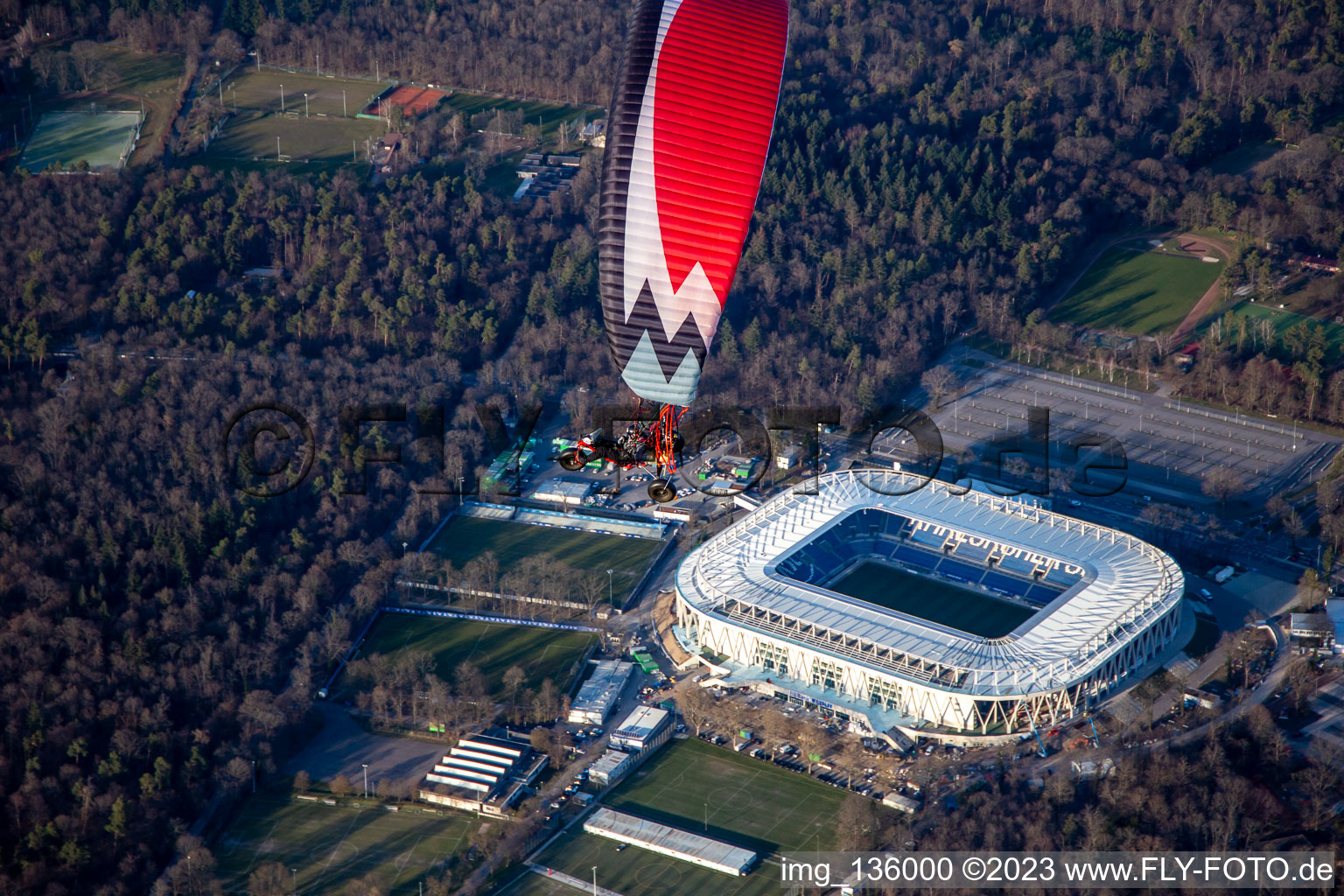 BBBank Wildpark, KSC's almost completed new stadium in the district Innenstadt-Ost in Karlsruhe in the state Baden-Wuerttemberg, Germany from above