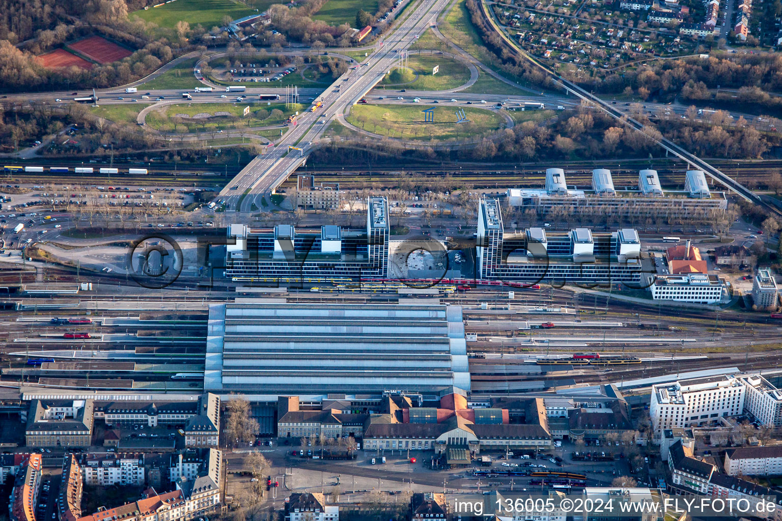 Aerial view of Central Station in the district Südweststadt in Karlsruhe in the state Baden-Wuerttemberg, Germany