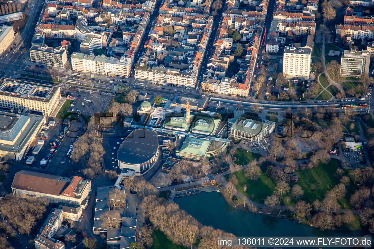 Ettlinger Straße and fairground with Schwarzwaldhalle, Vierortbad, Gartenhalle and Nancyhalle at the Stadtgartensee in the district Südweststadt in Karlsruhe in the state Baden-Wuerttemberg, Germany