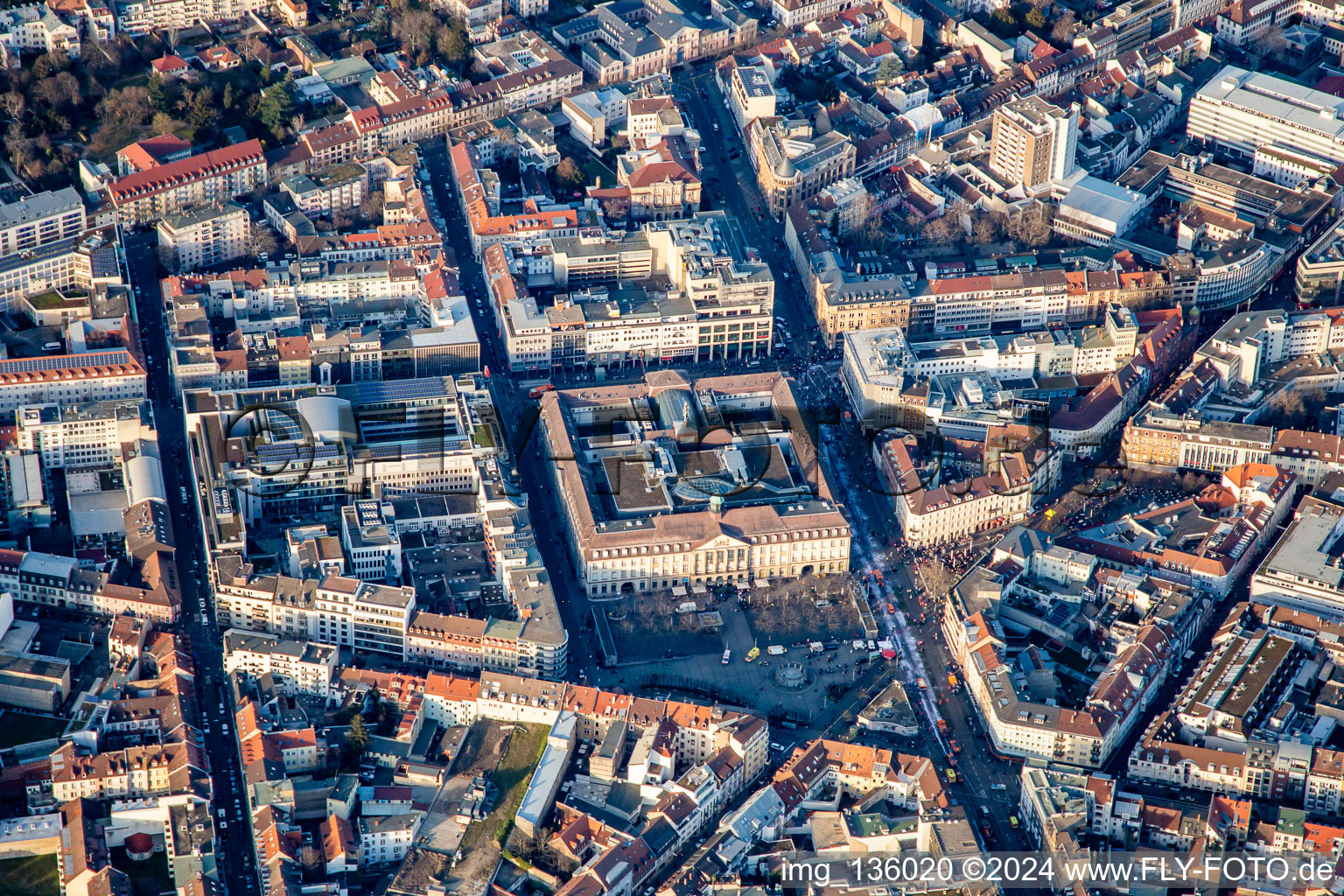 Aerial view of Stephanplatz at the Postgalerie in the district Innenstadt-West in Karlsruhe in the state Baden-Wuerttemberg, Germany