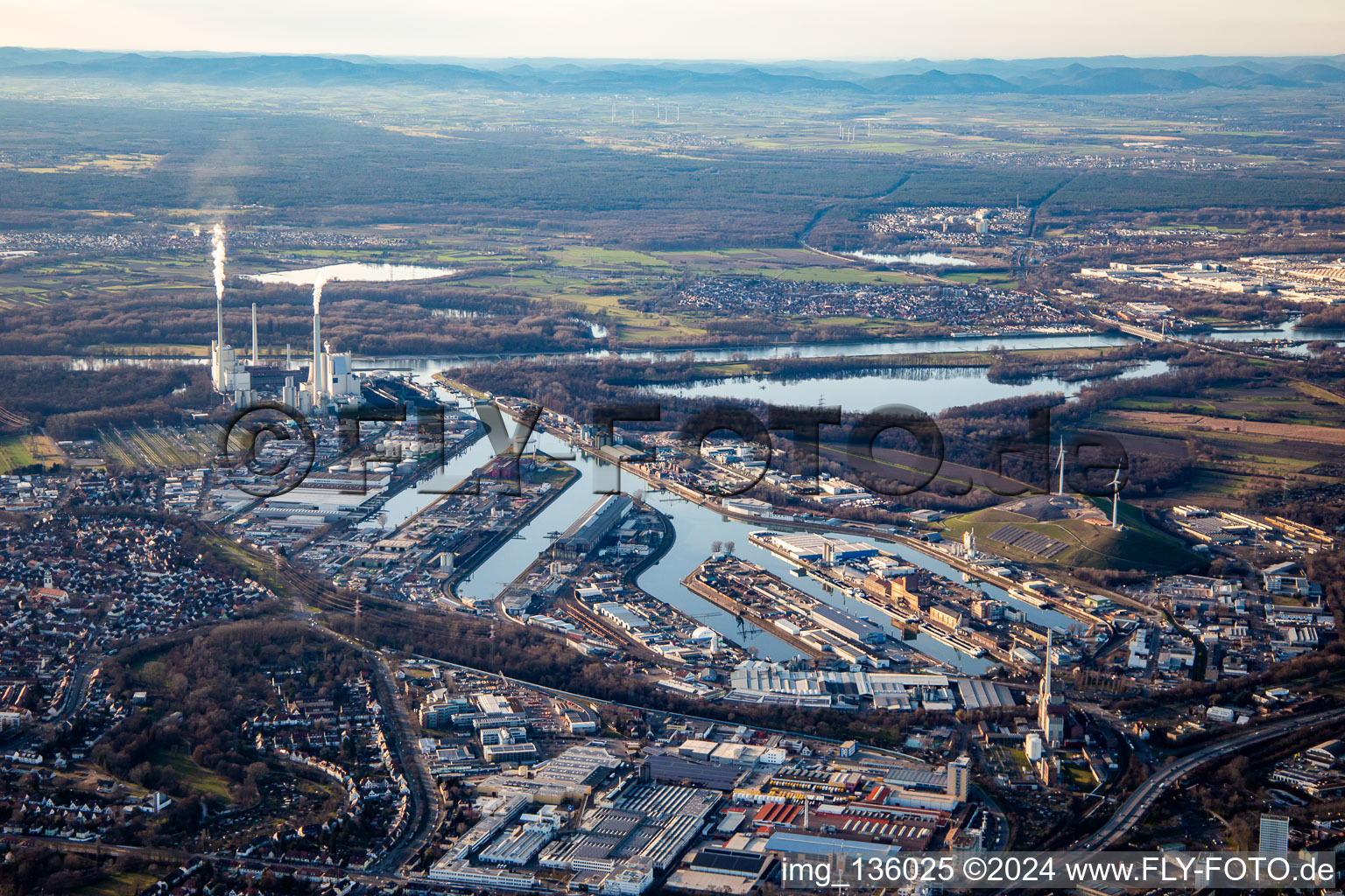 Rhine port from the east in the district Mühlburg in Karlsruhe in the state Baden-Wuerttemberg, Germany