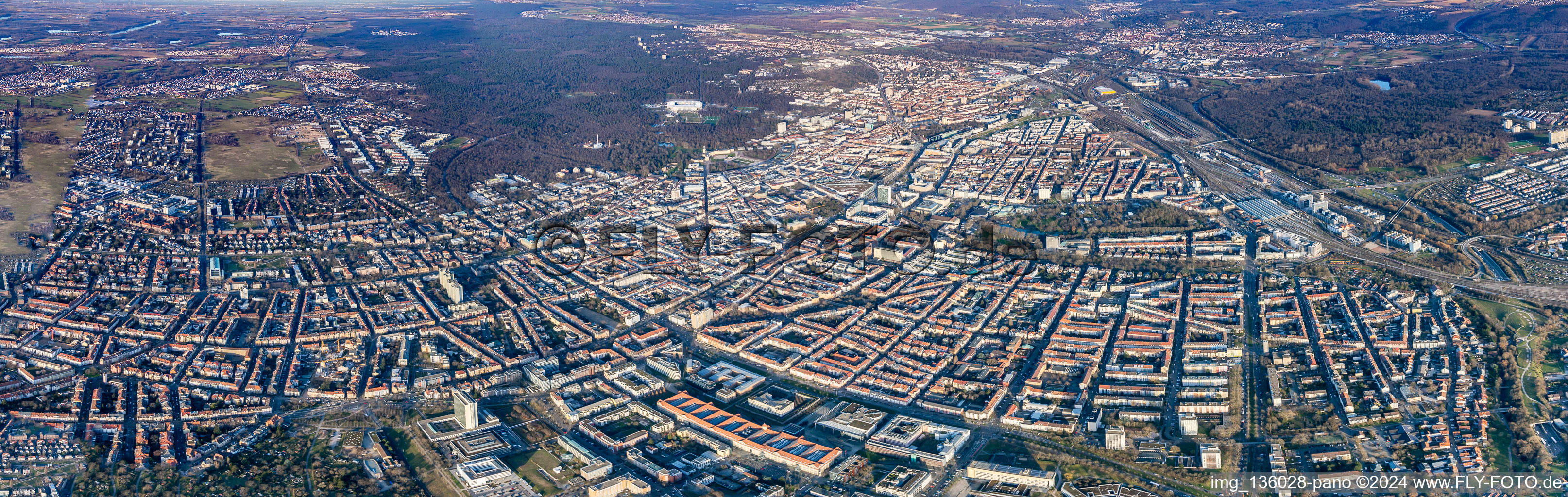 Panorama from the southwest in the district Beiertheim-Bulach in Karlsruhe in the state Baden-Wuerttemberg, Germany
