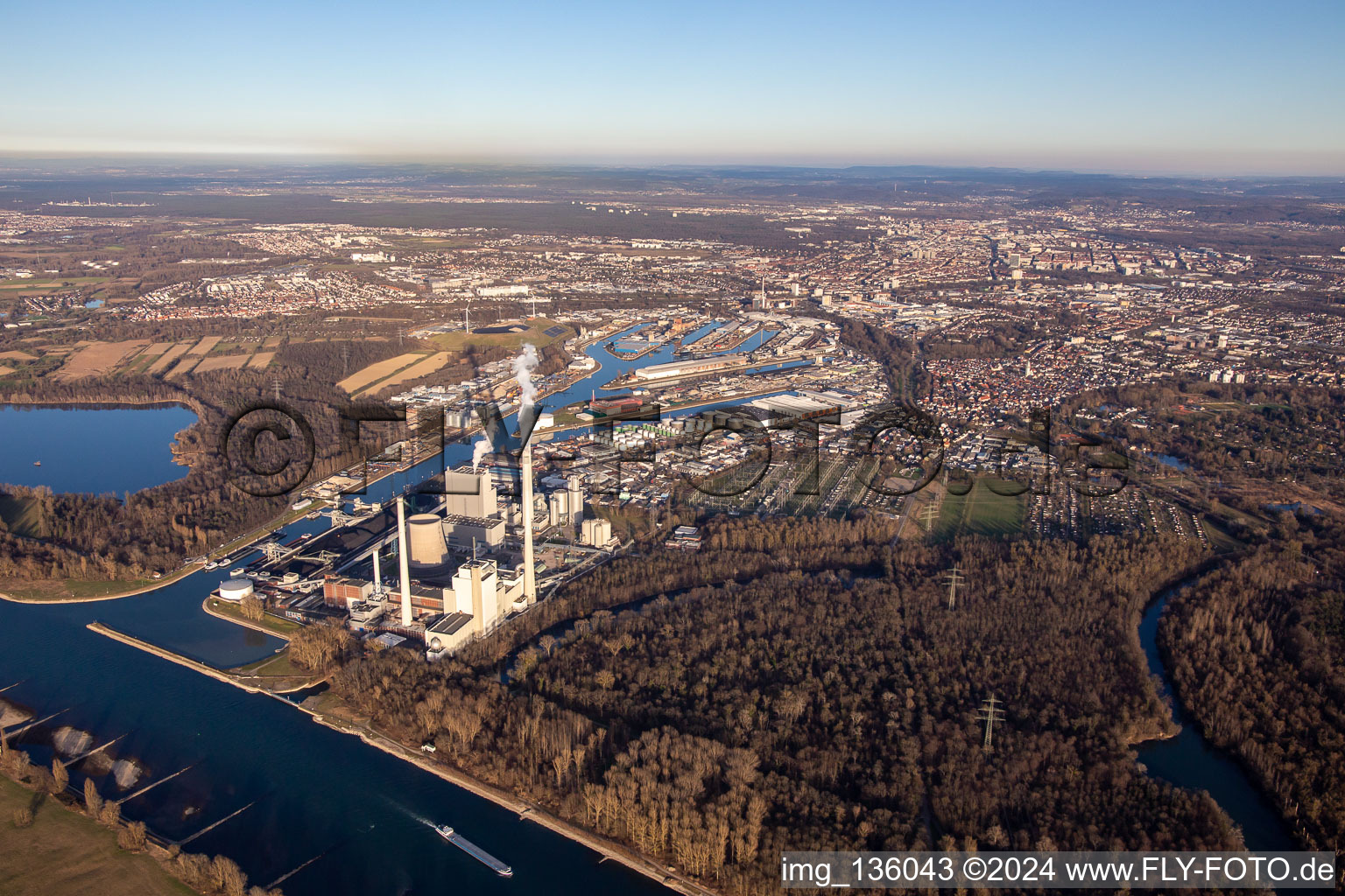 EnBW Rhine power plant from the southwest in the district Daxlanden in Karlsruhe in the state Baden-Wuerttemberg, Germany