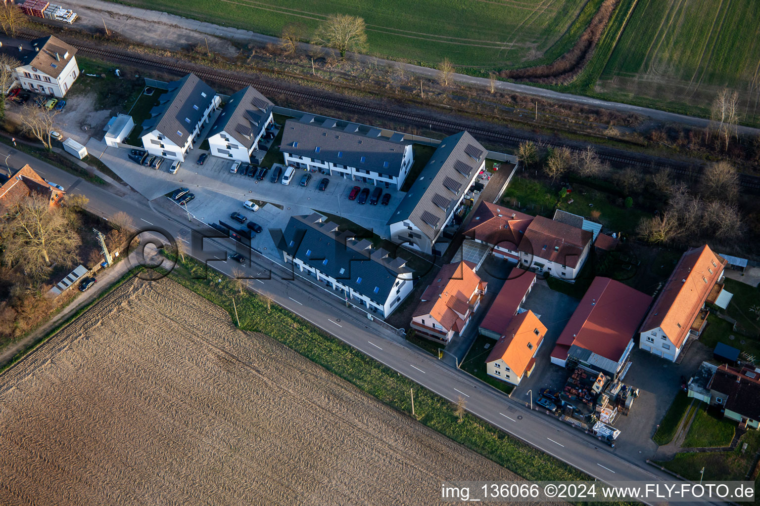 Aerial view of New terraced housing development at Schaidt station in Steinfeld in the state Rhineland-Palatinate, Germany