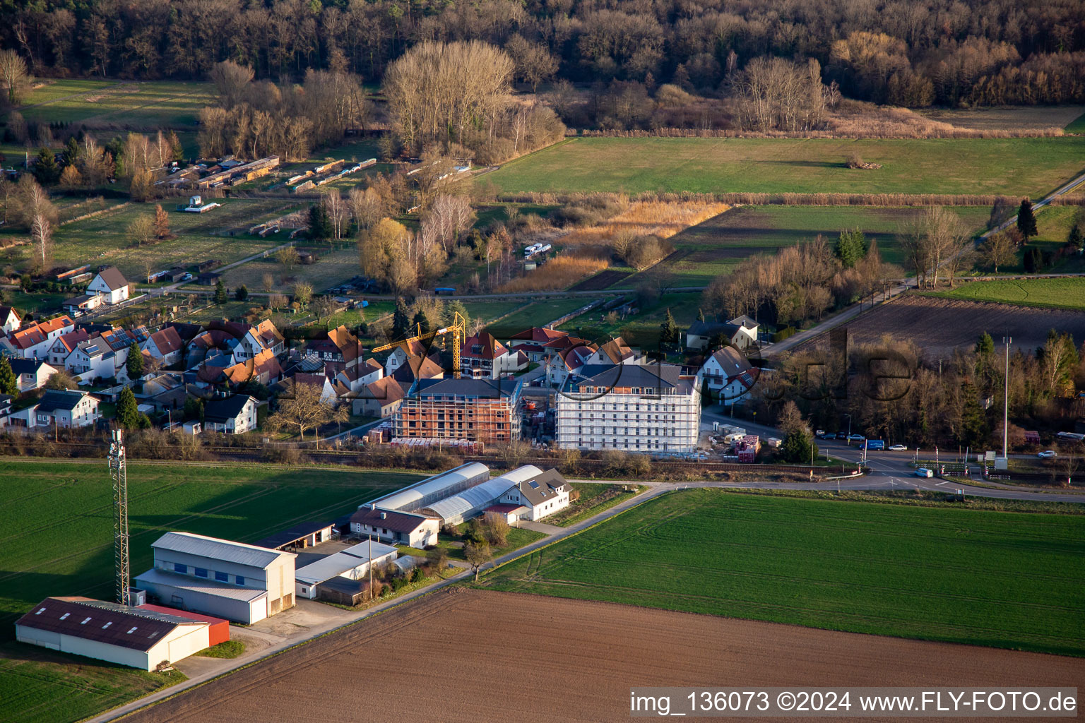 New construction of age-appropriate apartment at the railway crossing in the district Schaidt in Wörth am Rhein in the state Rhineland-Palatinate, Germany from above