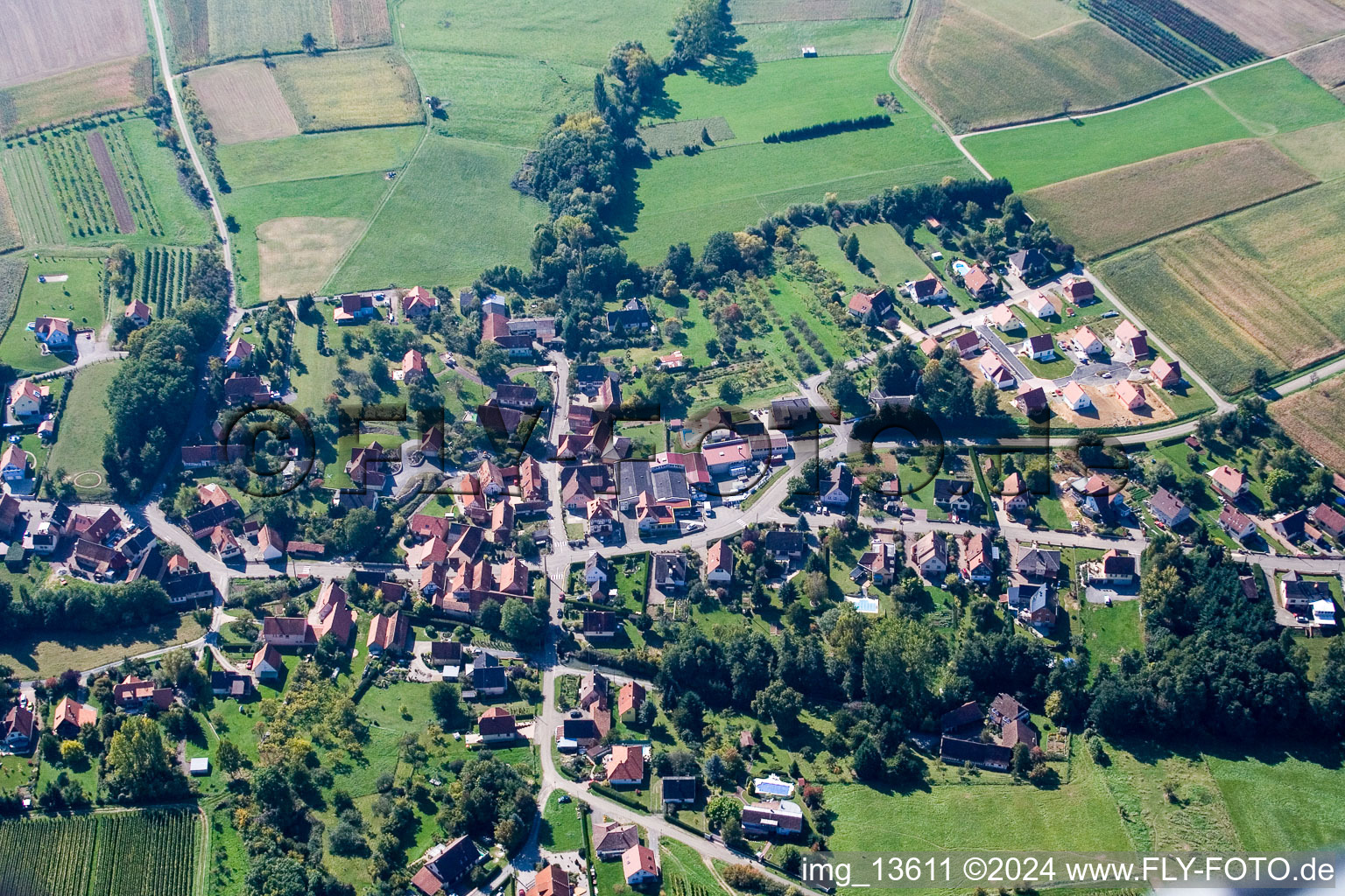 Oberhoffen-lès-Wissembourg in the state Bas-Rhin, France seen from above