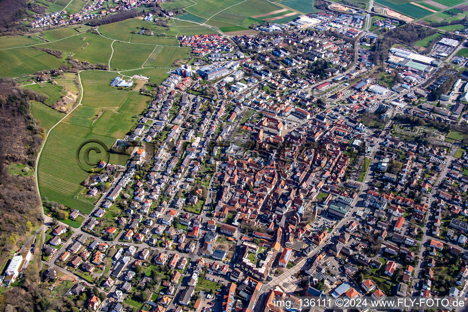 Aerial view of Pfalzgrafenstrasse Saarstr in Bad Bergzabern in the state Rhineland-Palatinate, Germany