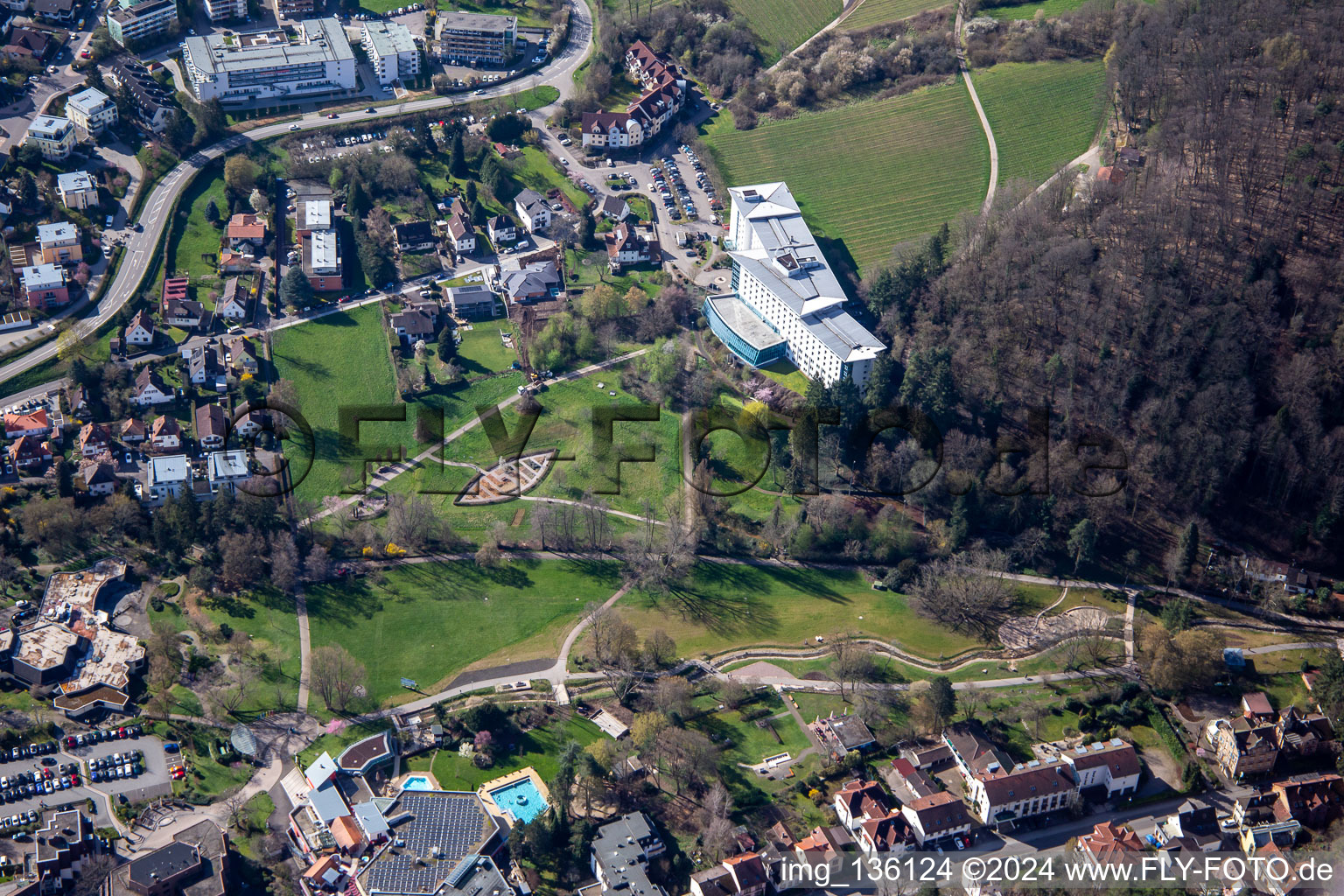 Aerial view of Herb garden, spa park Bad Bergzabern below the Edith Stein Clinic for Neurology in Bad Bergzabern in the state Rhineland-Palatinate, Germany