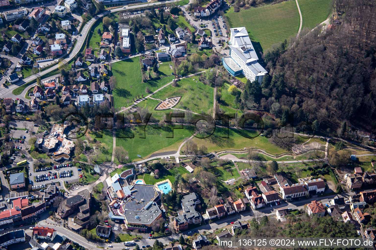 Aerial photograpy of Herb garden, spa park Bad Bergzabern below the Edith Stein Clinic for Neurology in Bad Bergzabern in the state Rhineland-Palatinate, Germany