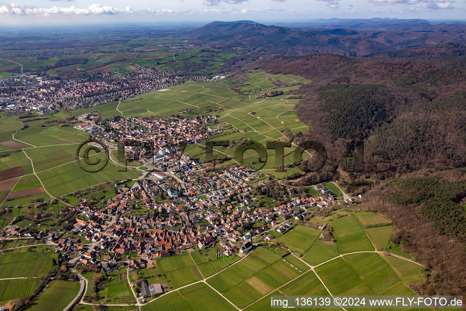 Aerial view of From northeast in the district Rechtenbach in Schweigen-Rechtenbach in the state Rhineland-Palatinate, Germany