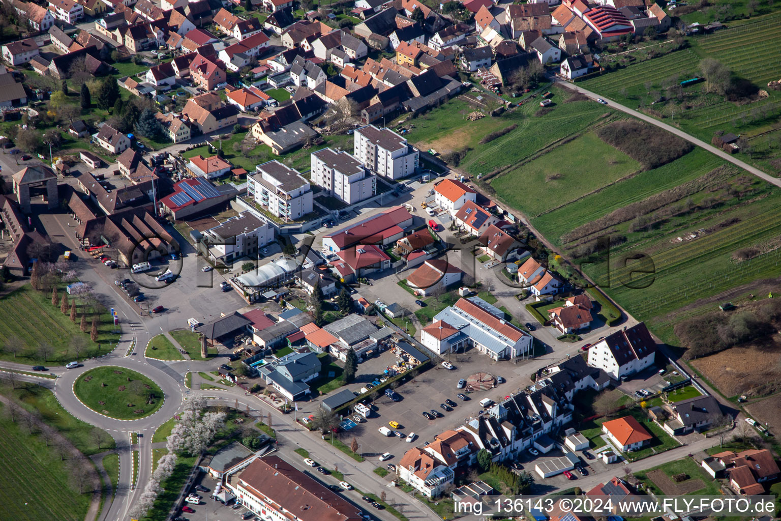 Aerial view of New apartment buildings on Sylvanerstr in the district Schweigen in Schweigen-Rechtenbach in the state Rhineland-Palatinate, Germany