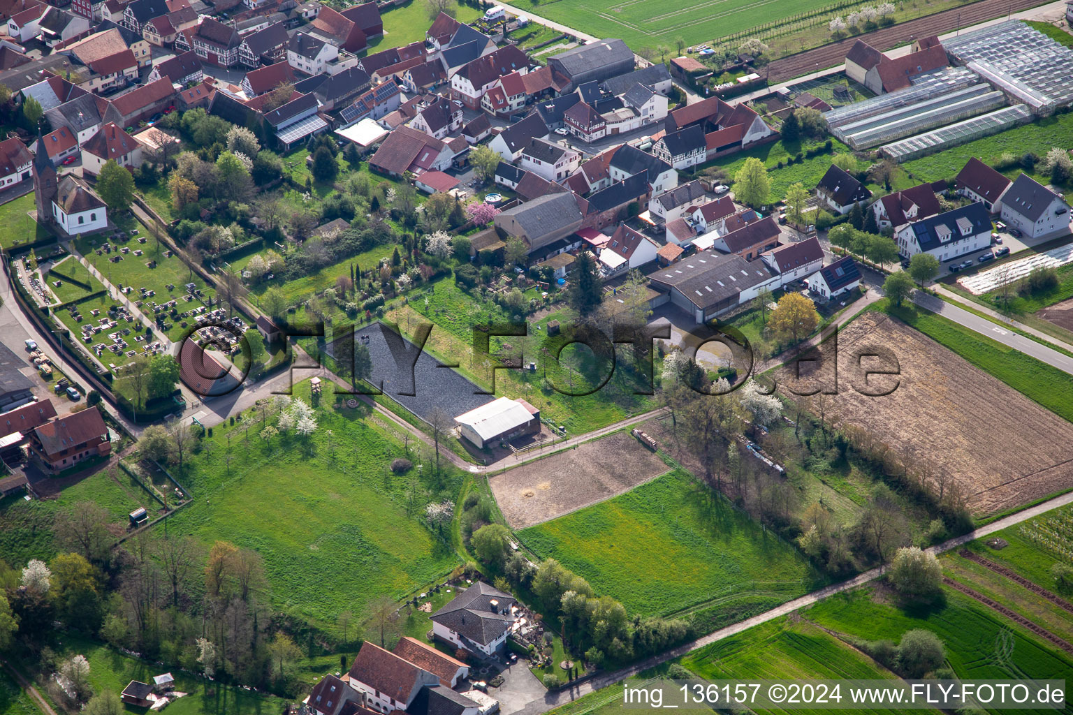 Aerial view of Equestrian facility at the cemetery in Winden in the state Rhineland-Palatinate, Germany