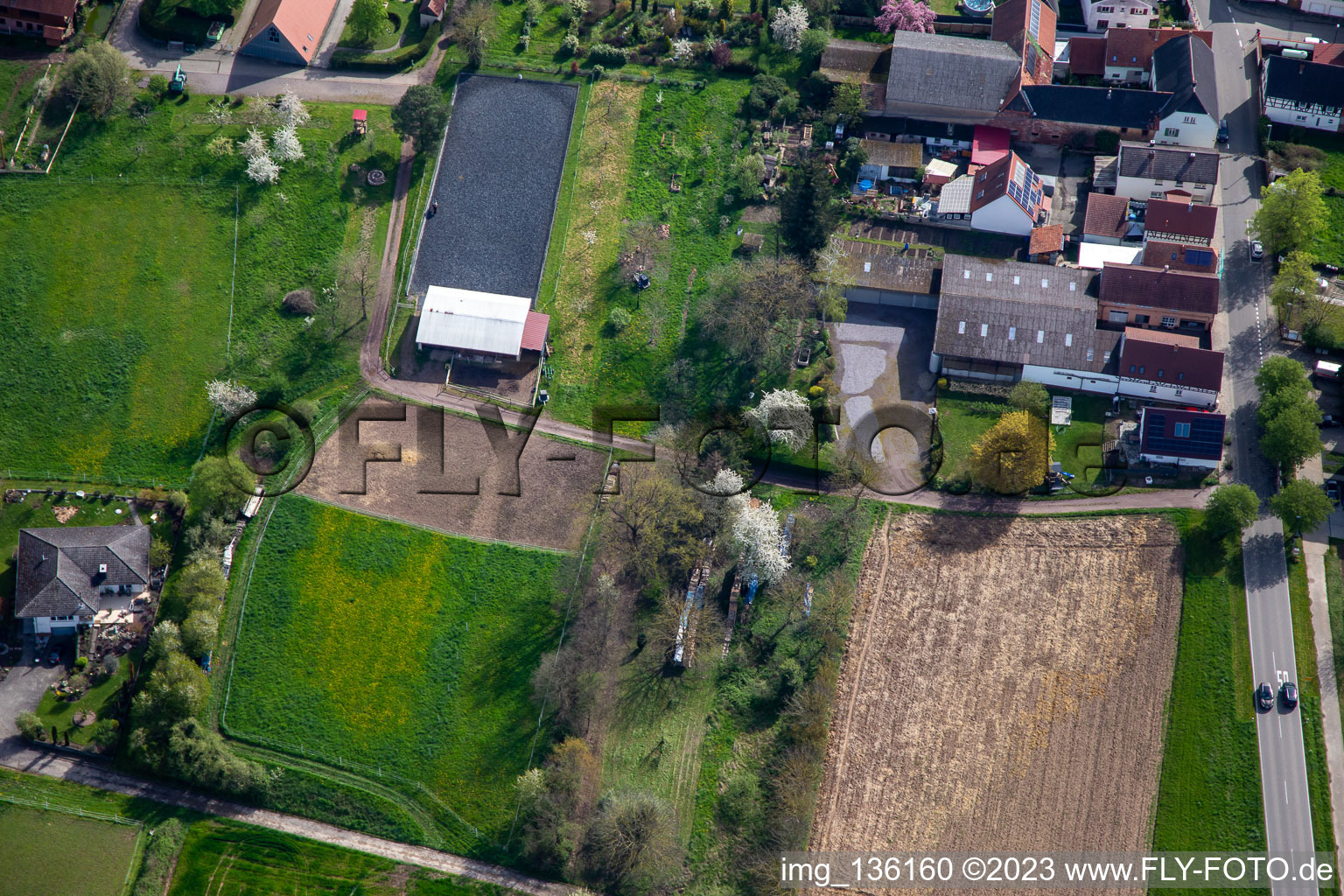 Equestrian facility at the cemetery in Winden in the state Rhineland-Palatinate, Germany from above