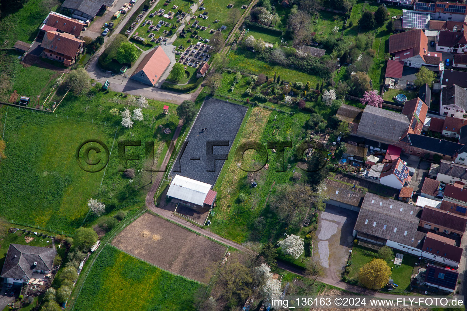 Riding facility at the cemetery in Winden in the state Rhineland-Palatinate, Germany seen from above