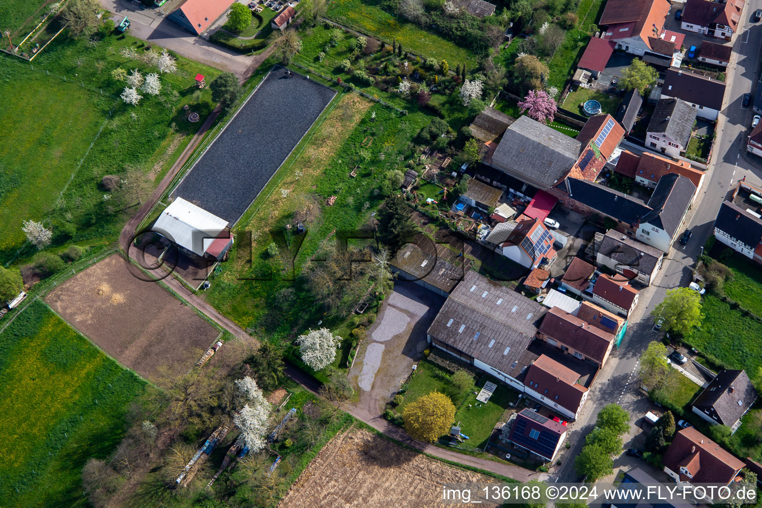 Riding facility at the cemetery in Winden in the state Rhineland-Palatinate, Germany viewn from the air