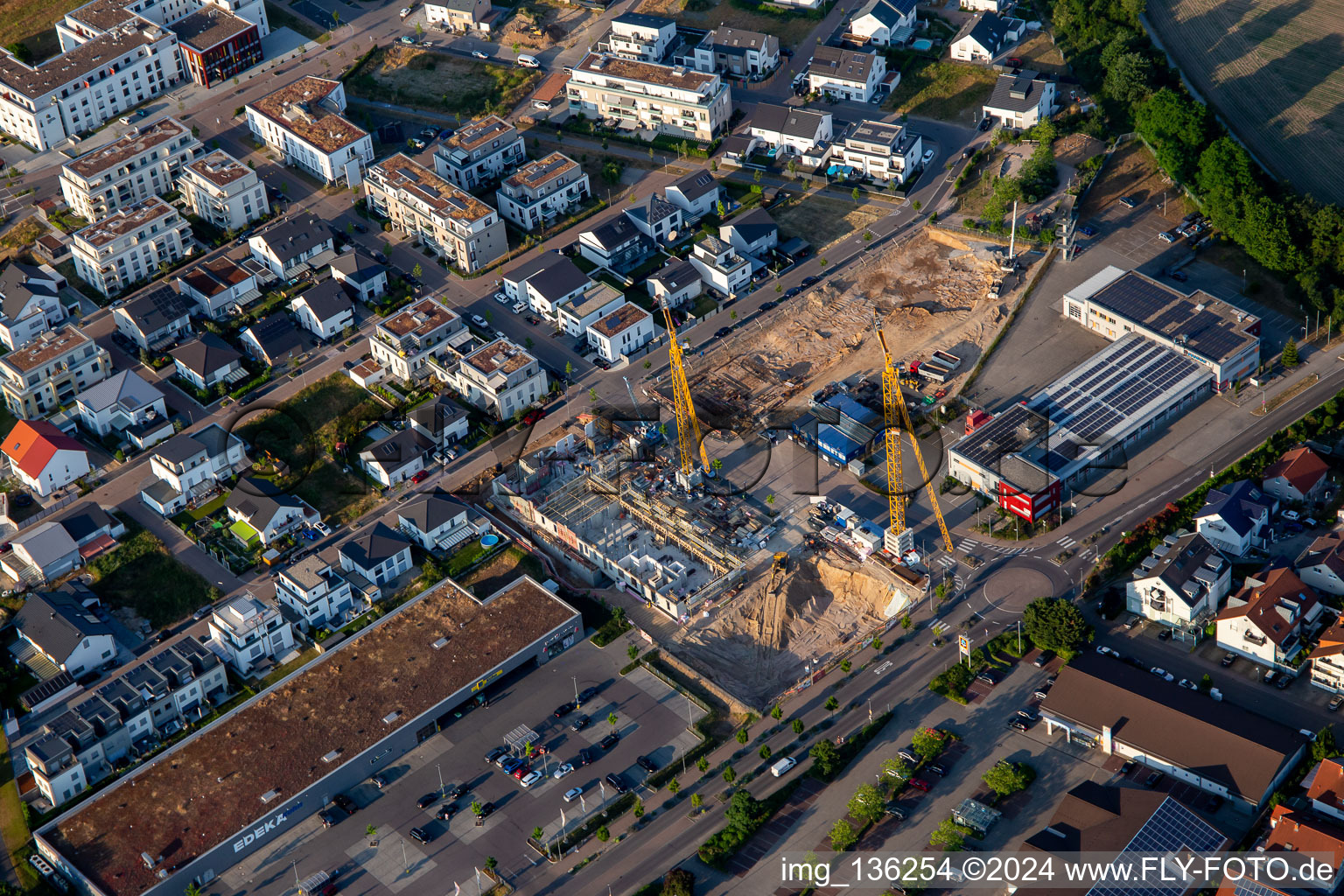 Aerial photograpy of Construction site Am Wall from the west in the district Linkenheim in Linkenheim-Hochstetten in the state Baden-Wuerttemberg, Germany