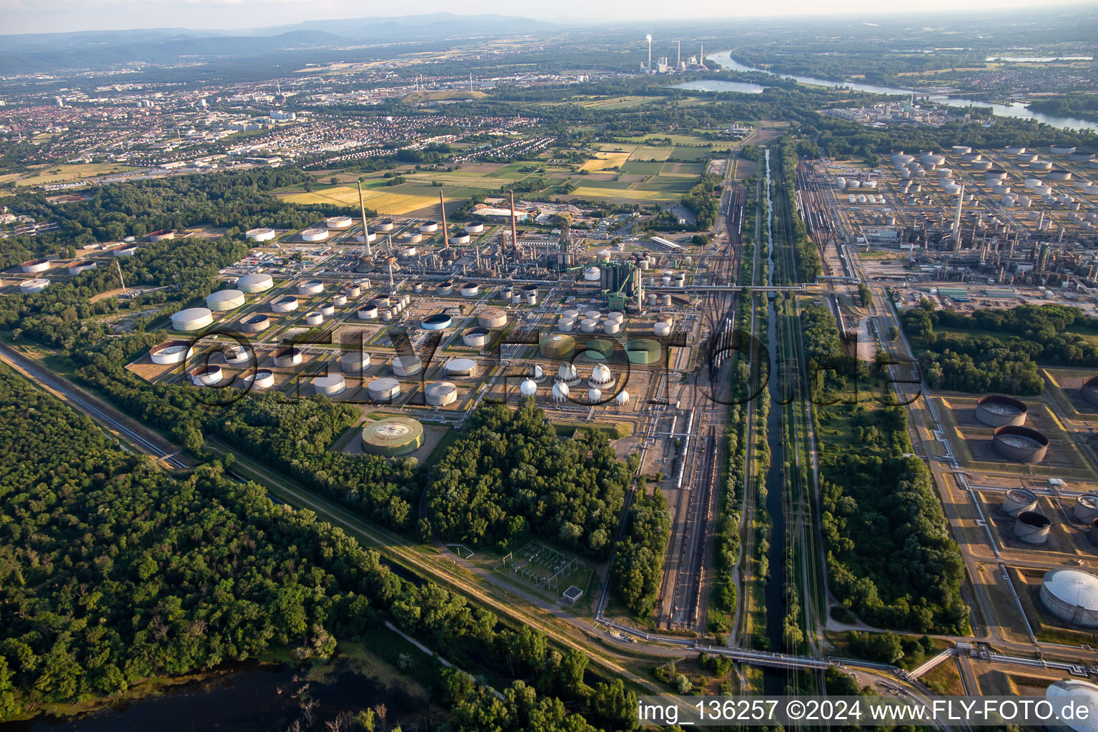 Aerial view of Freight railway line in the MIRO in the district Knielingen in Karlsruhe in the state Baden-Wuerttemberg, Germany