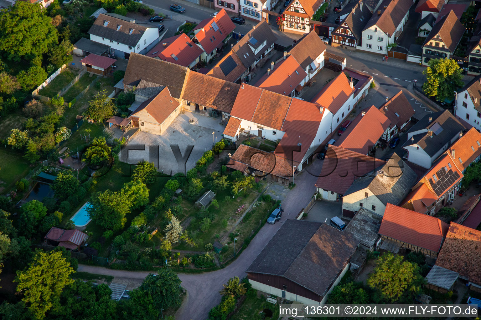 Oblique view of Gnägyhof on the main street in Winden in the state Rhineland-Palatinate, Germany