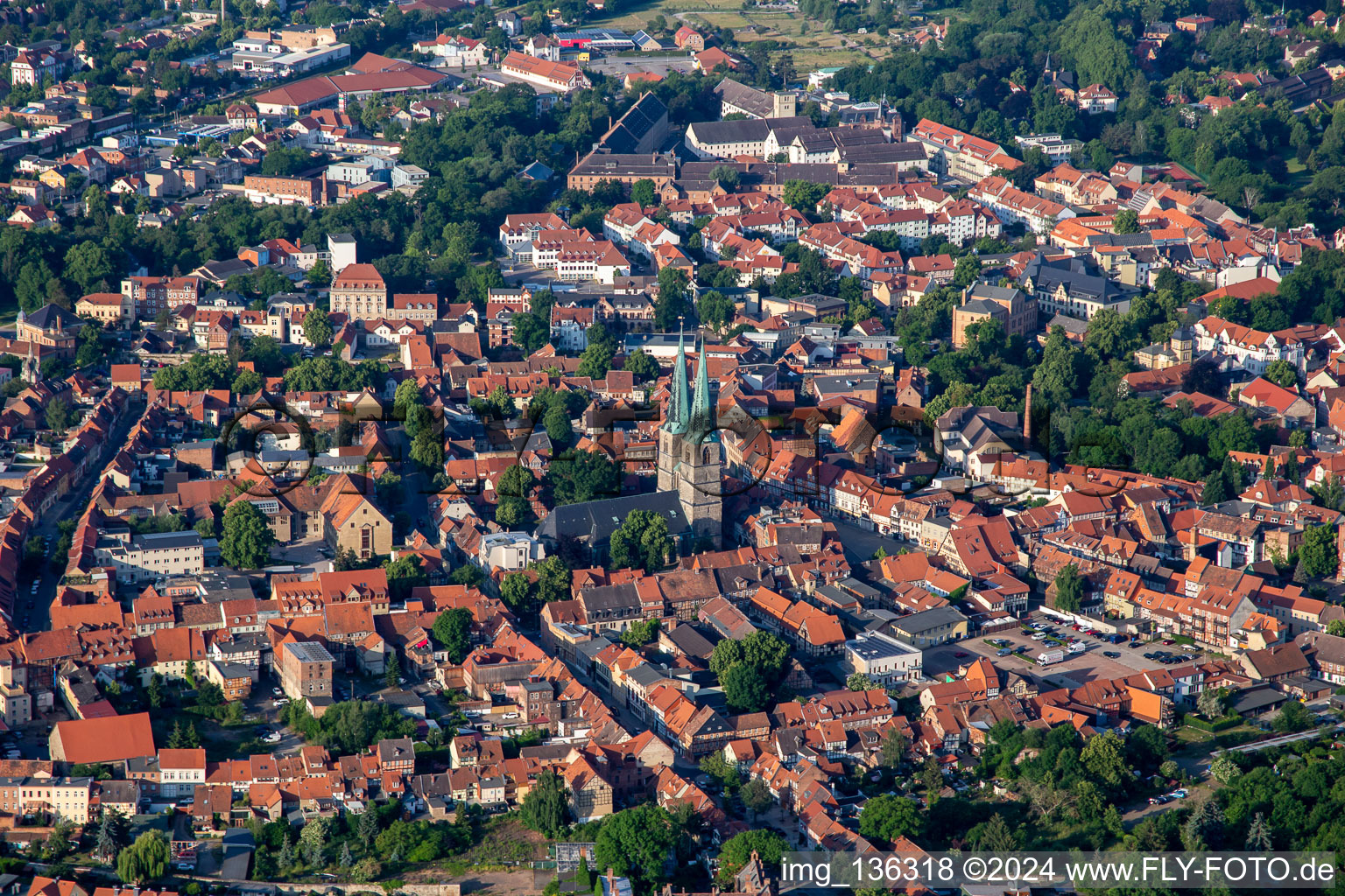 Aerial view of Market church of St. Benedictii in Quedlinburg in the state Saxony-Anhalt, Germany