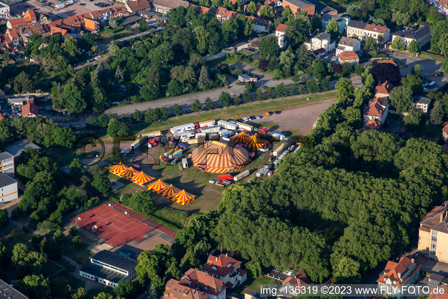 Aerial view of Circus at the fish ponds in Quedlinburg in the state Saxony-Anhalt, Germany