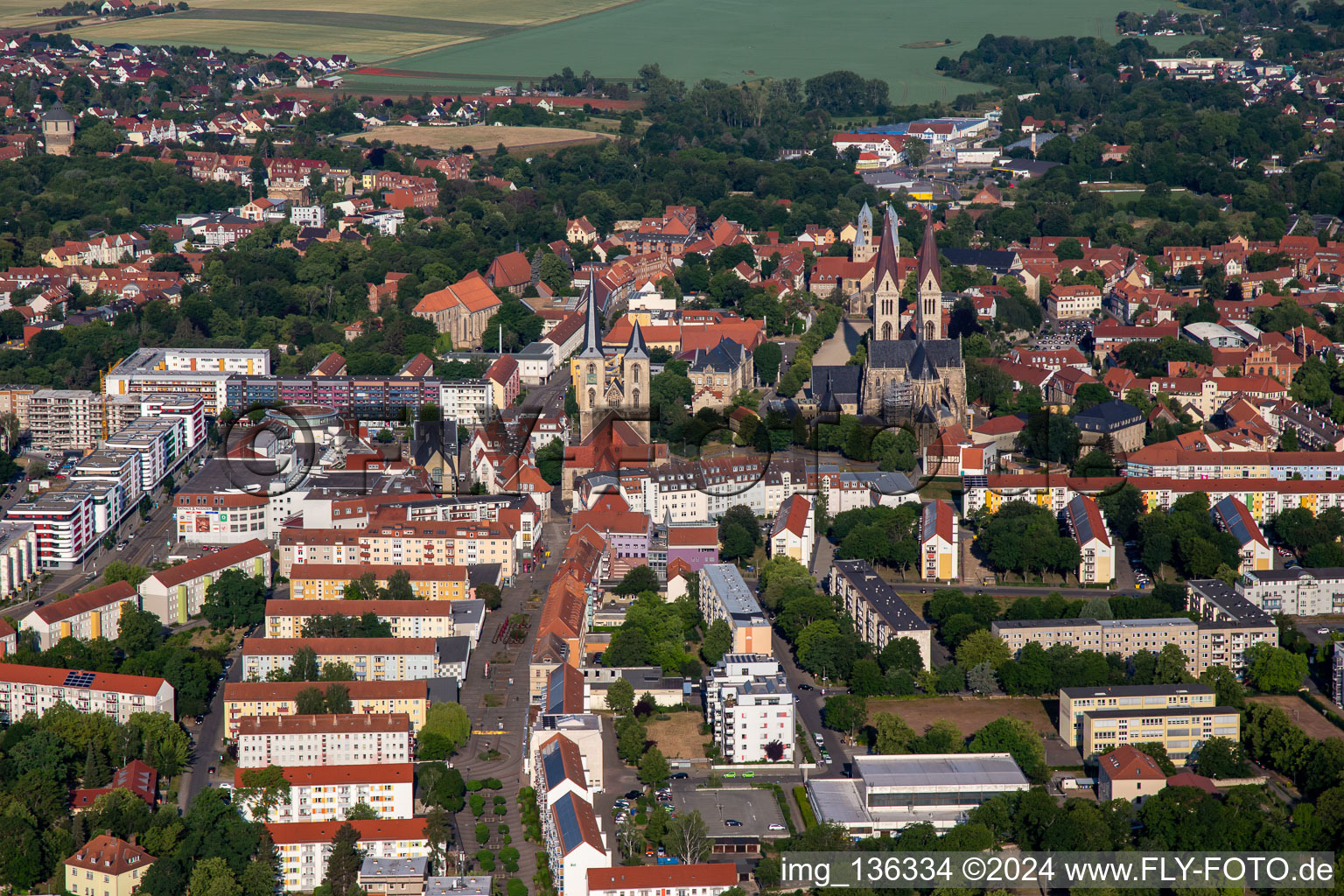 Aerial view of Cathedral and cathedral treasury Halberstadt from the east in Halberstadt in the state Saxony-Anhalt, Germany