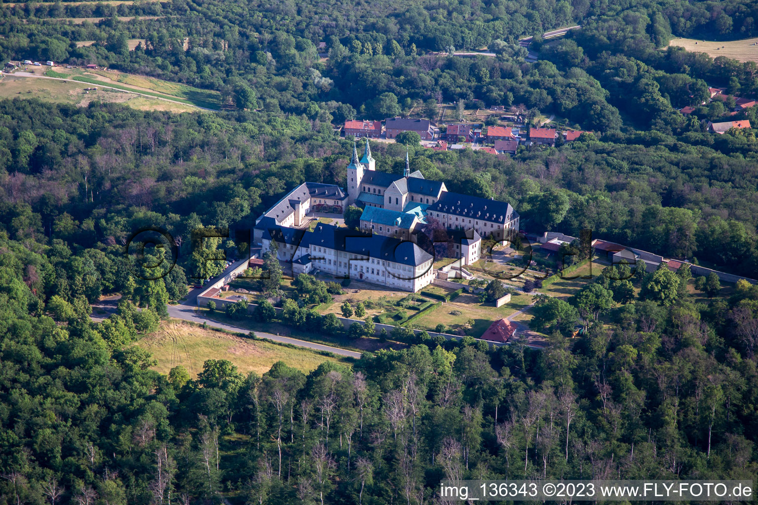 Aerial view of Huysburg Monastery in the district Röderhof in Huy in the state Saxony-Anhalt, Germany