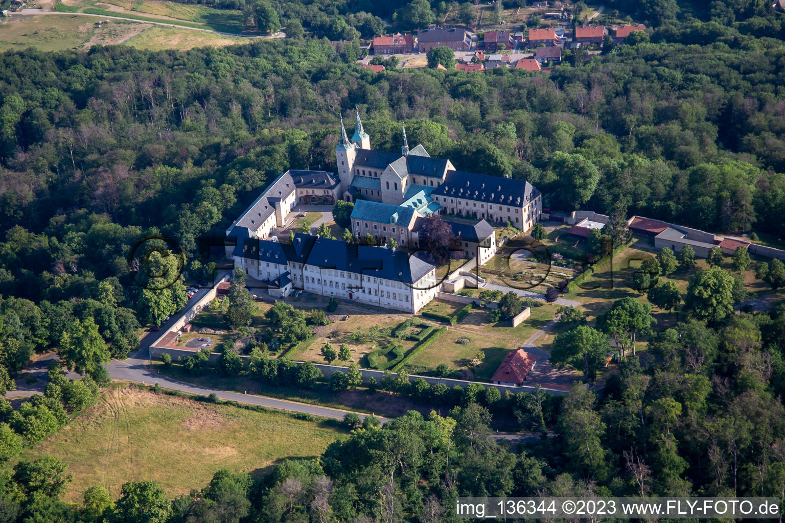 Aerial photograpy of Huysburg Monastery in the district Röderhof in Huy in the state Saxony-Anhalt, Germany