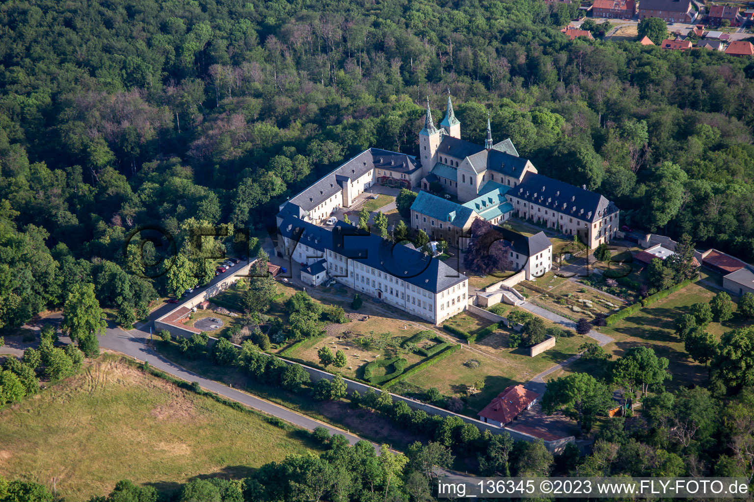 Oblique view of Huysburg Monastery in the district Röderhof in Huy in the state Saxony-Anhalt, Germany