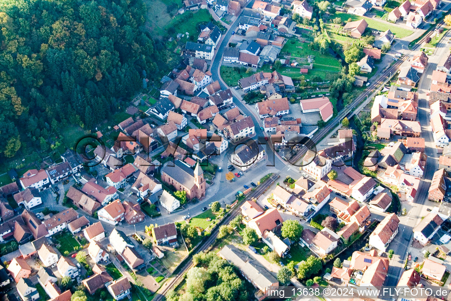 Aerial view of Town View of the streets and houses of the residential areas in Bruchweiler-Baerenbach in the state Rhineland-Palatinate