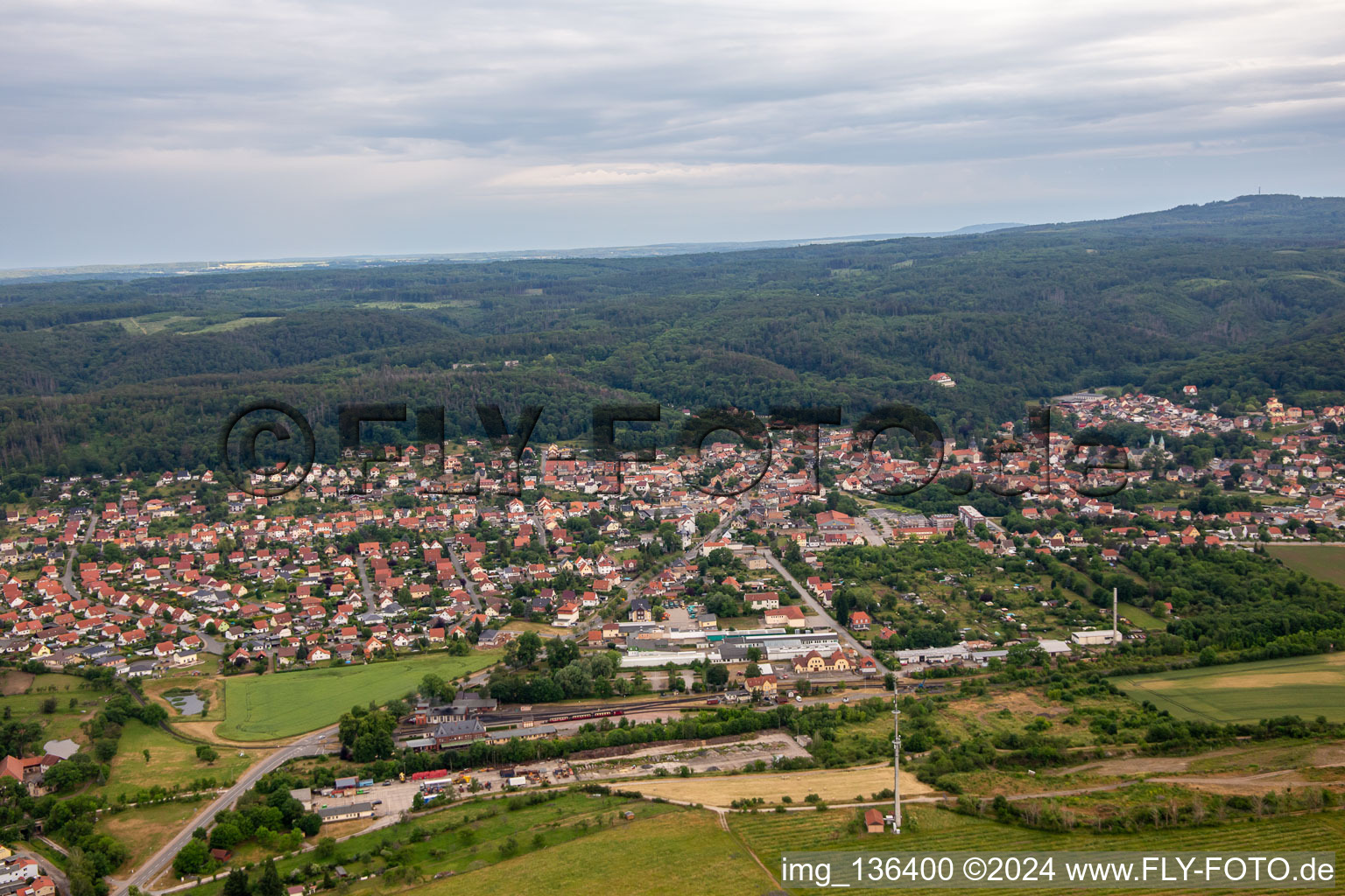 Aerial view of Train station Gernrode in the district Gernrode in Quedlinburg in the state Saxony-Anhalt, Germany