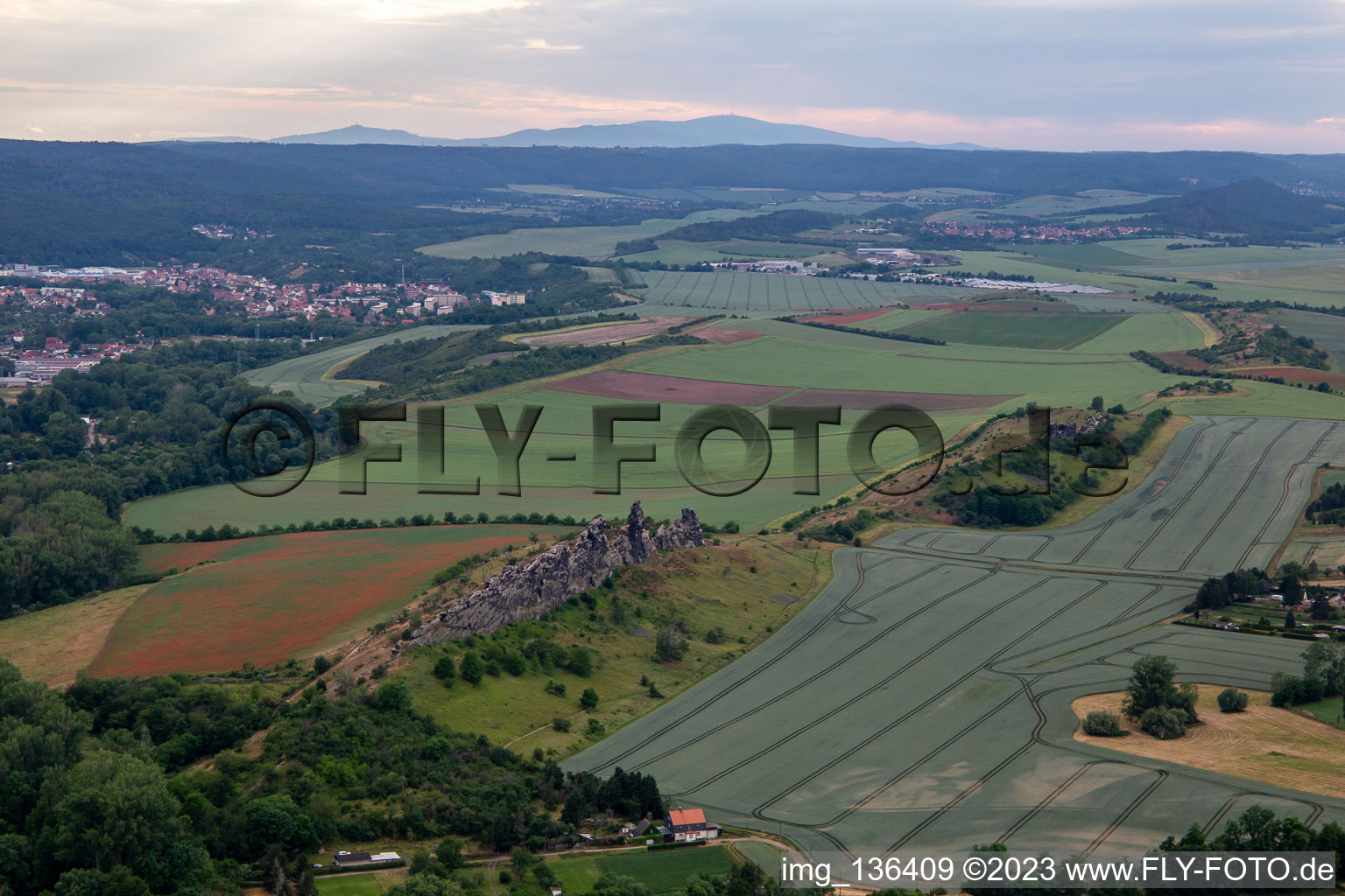 Aerial view of Devil's Wall (Königsstein) in the district Weddersleben in Thale in the state Saxony-Anhalt, Germany