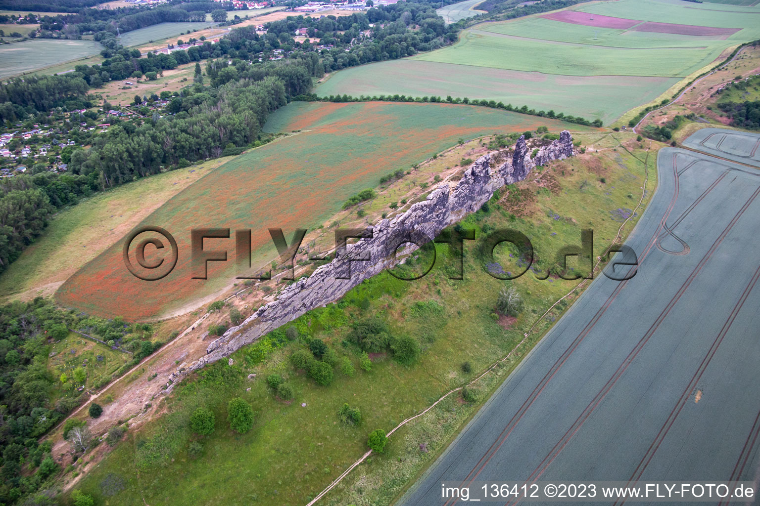 Aerial photograpy of Devil's Wall (Königsstein) in the district Weddersleben in Thale in the state Saxony-Anhalt, Germany