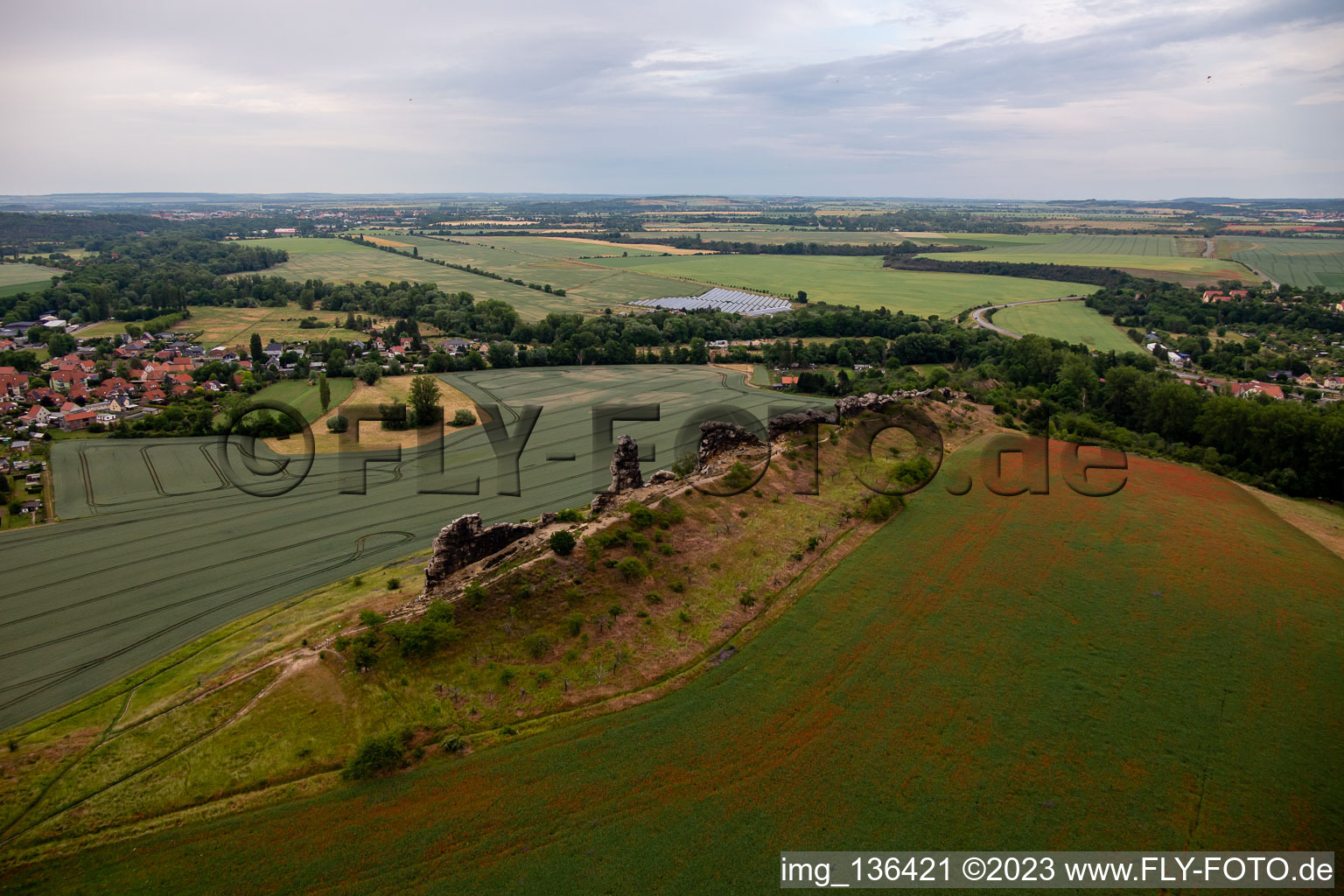 Aerial view of Devil's Wall center stones in the district Weddersleben in Thale in the state Saxony-Anhalt, Germany