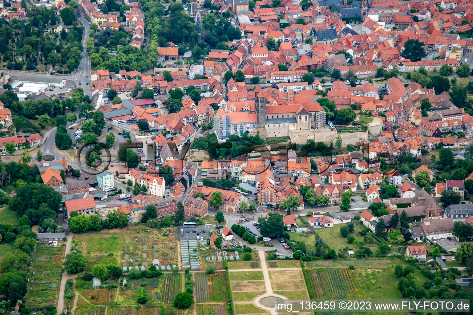 Aerial view of Collegiate Church of St. Servatii in Quedlinburg in the state Saxony-Anhalt, Germany