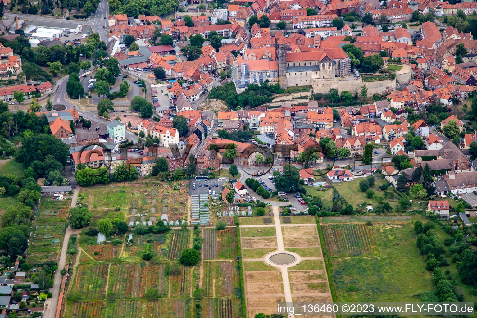 Aerial photograpy of Collegiate Church of St. Servatii in Quedlinburg in the state Saxony-Anhalt, Germany