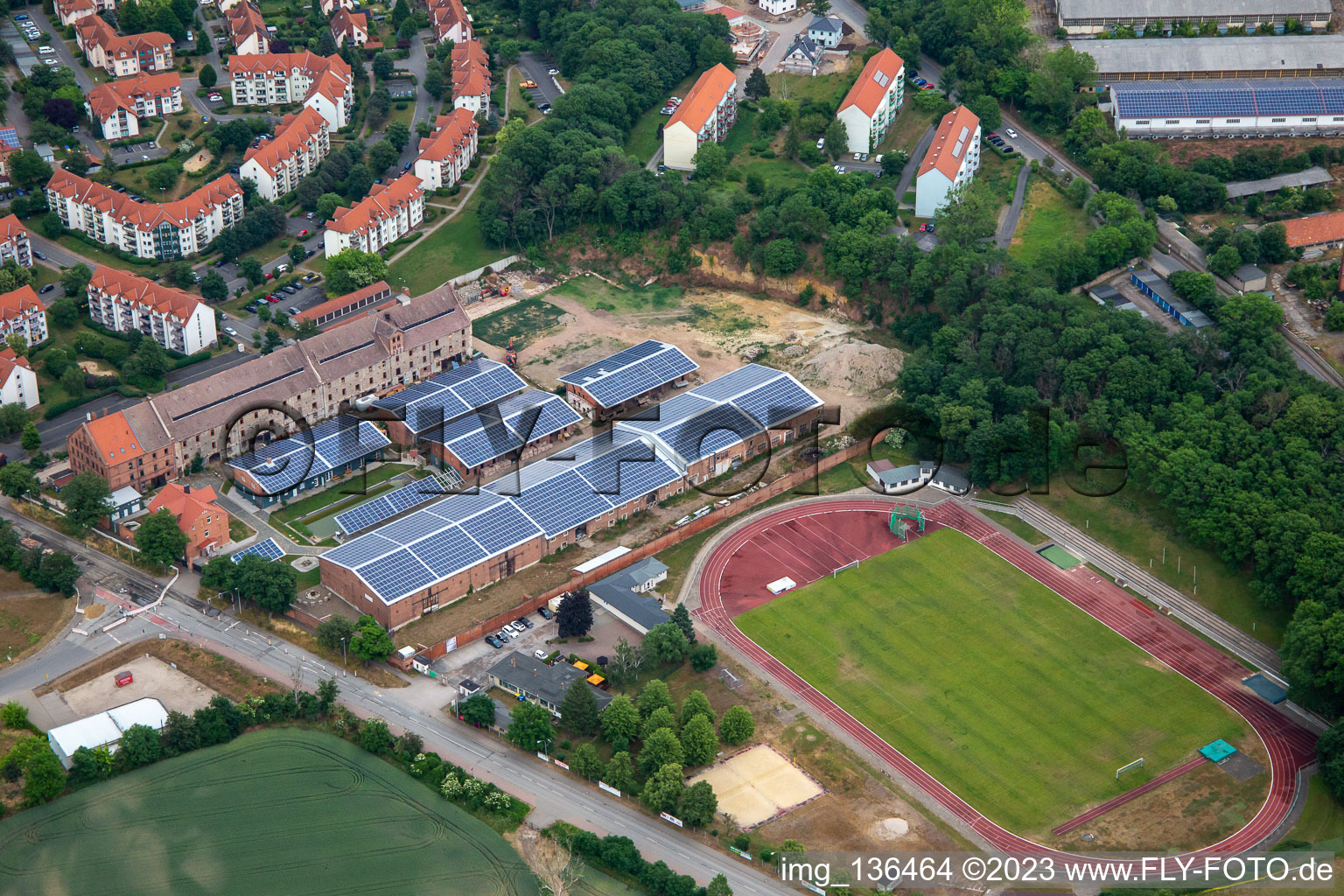 Sports field at Moorberg and Wolff Energy Group in Quedlinburg in the state Saxony-Anhalt, Germany