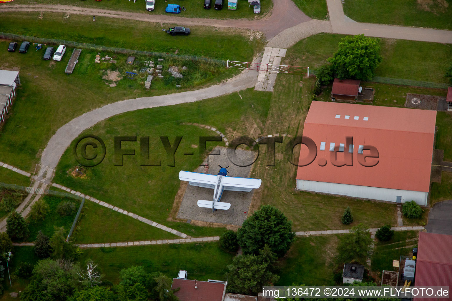 Aerial view of Historic aircraft at the airport Ballenstedt in the district Asmusstedt in Ballenstedt in the state Saxony-Anhalt, Germany