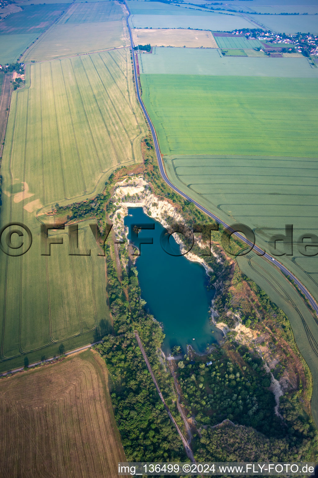 Aerial photograpy of Quarry lake at Bahnhofstr in the district Ermsleben in Falkenstein in the state Saxony-Anhalt, Germany