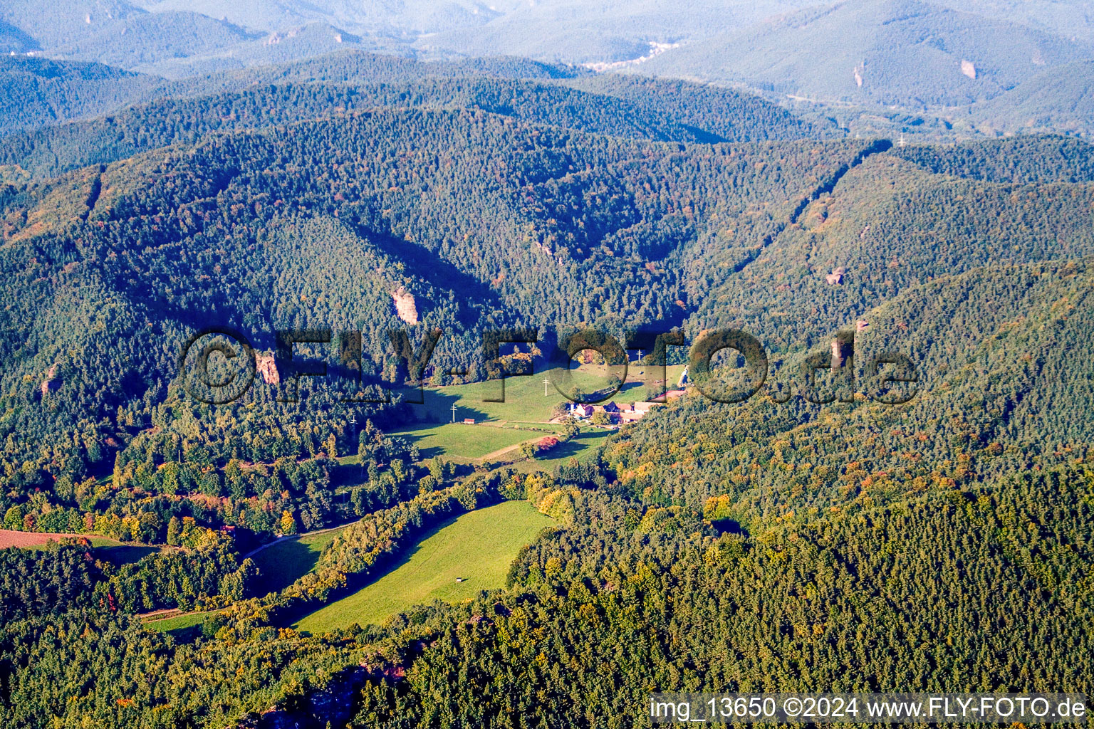 Aerial view of Bärenbrunnerhof in the Bärenbrunner Valley in Busenberg in the state Rhineland-Palatinate, Germany