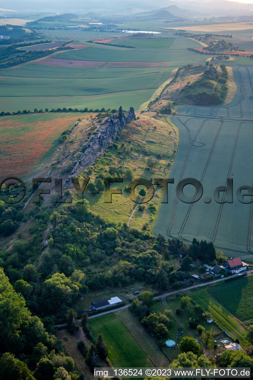 Aerial view of Devil's Wall (Königsstein) from the east in the district Weddersleben in Thale in the state Saxony-Anhalt, Germany