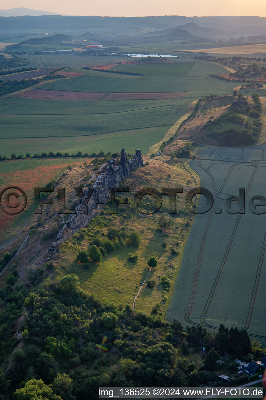 Aerial photograpy of Devil’s Wall (Königstein) from the east in the district Weddersleben in Thale in the state Saxony-Anhalt, Germany