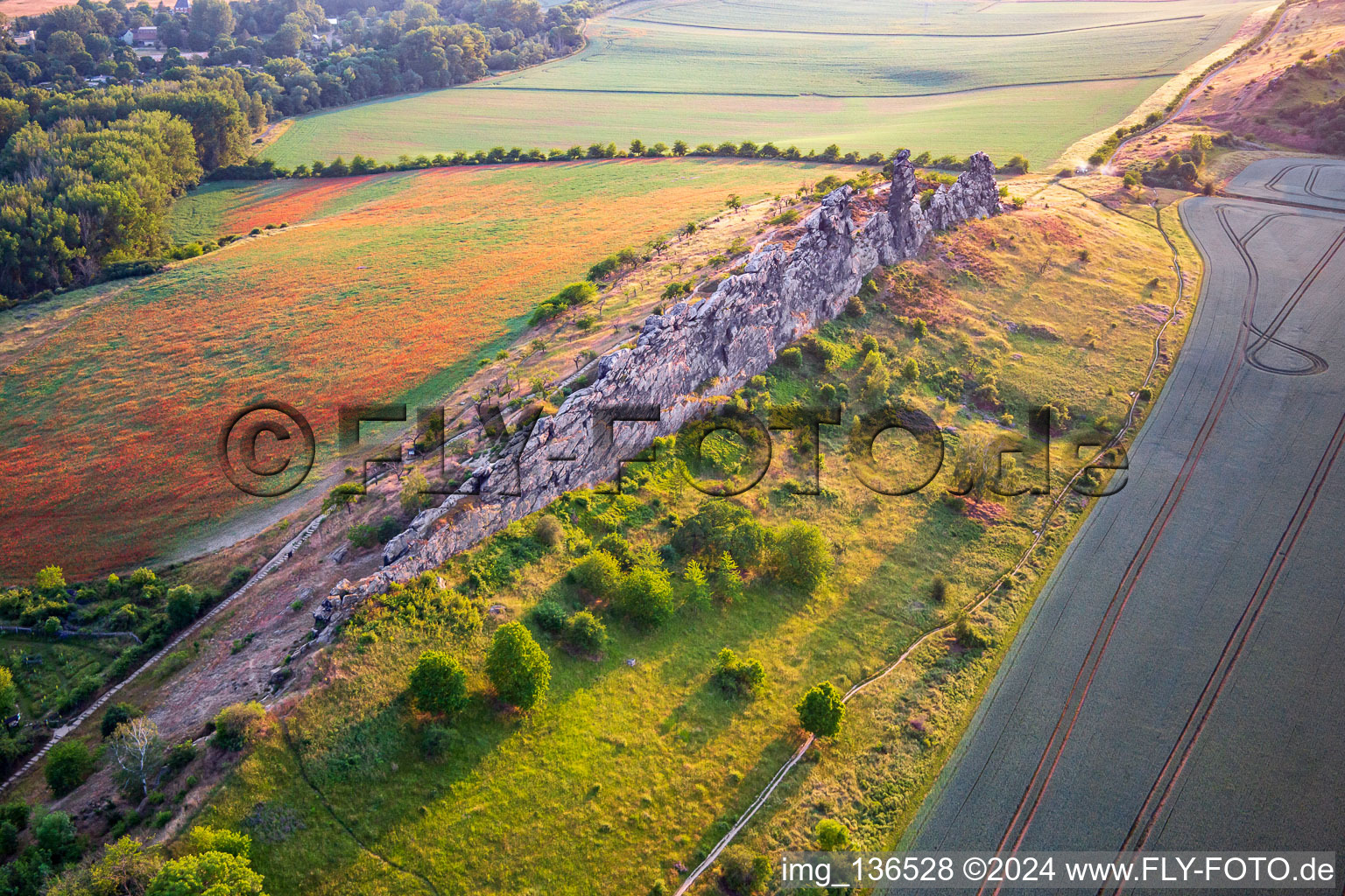 Oblique view of Devil’s Wall (Königstein) from the east in the district Weddersleben in Thale in the state Saxony-Anhalt, Germany