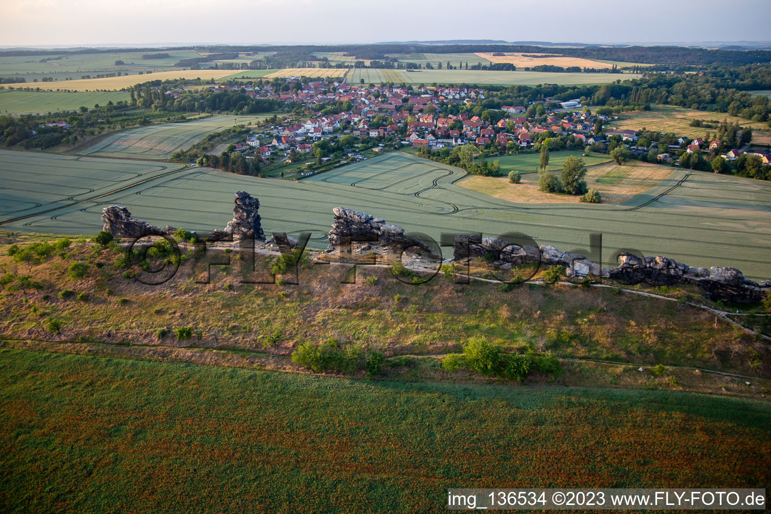 Aerial view of Devil's Wall center stones from the southeast in the district Weddersleben in Thale in the state Saxony-Anhalt, Germany