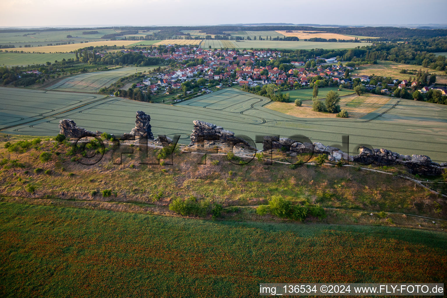 Aerial view of Devil's Wall middle stones from the southeast in the district Weddersleben in Thale in the state Saxony-Anhalt, Germany