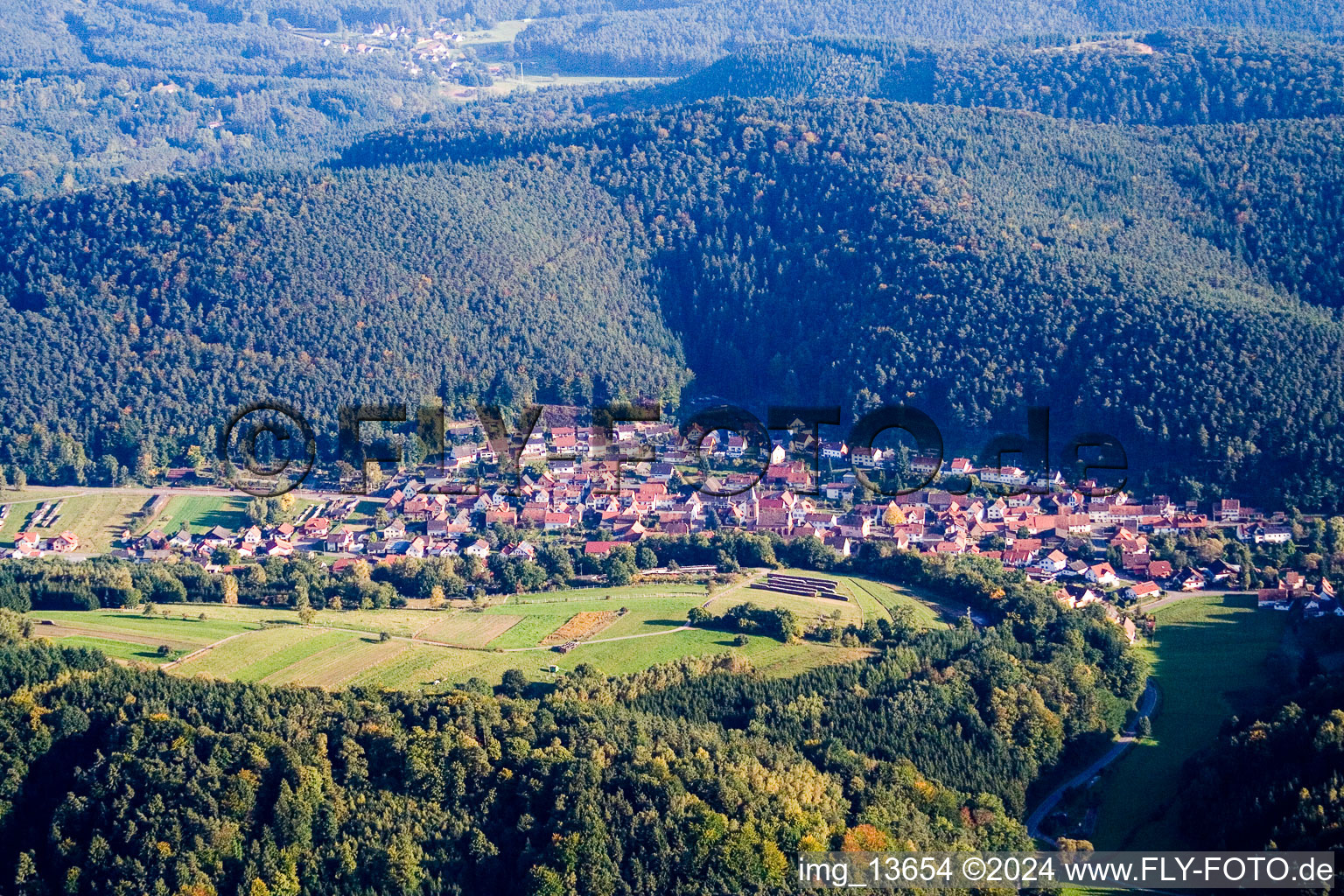 Village - view on the edge of agricultural fields and farmland in Vorderweidenthal in the state Rhineland-Palatinate, Germany