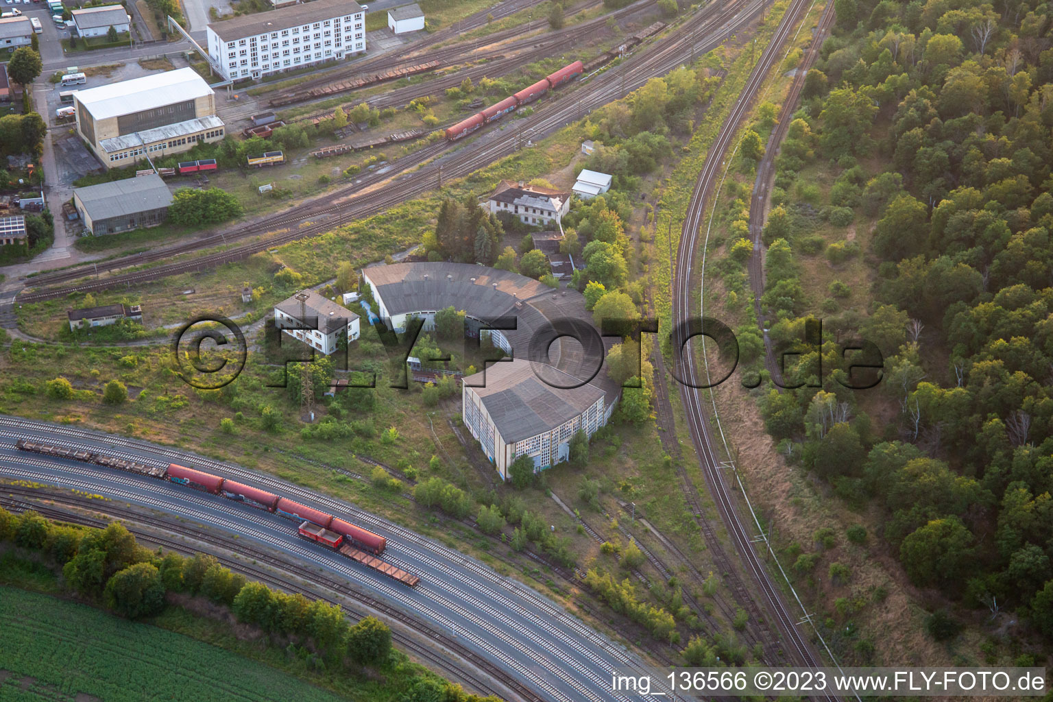 Track triangle with semicircular locomotive shed in Blankenburg in the state Saxony-Anhalt, Germany