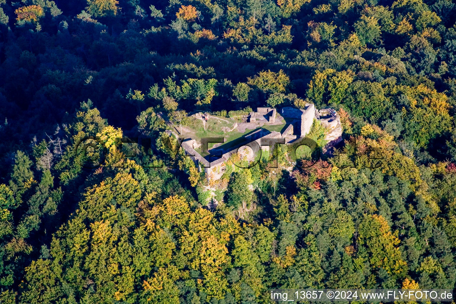 Aerial photograpy of Ruins and vestiges of the former castle and fortress Lindelbrunn in Vorderweidenthal in the state Rhineland-Palatinate