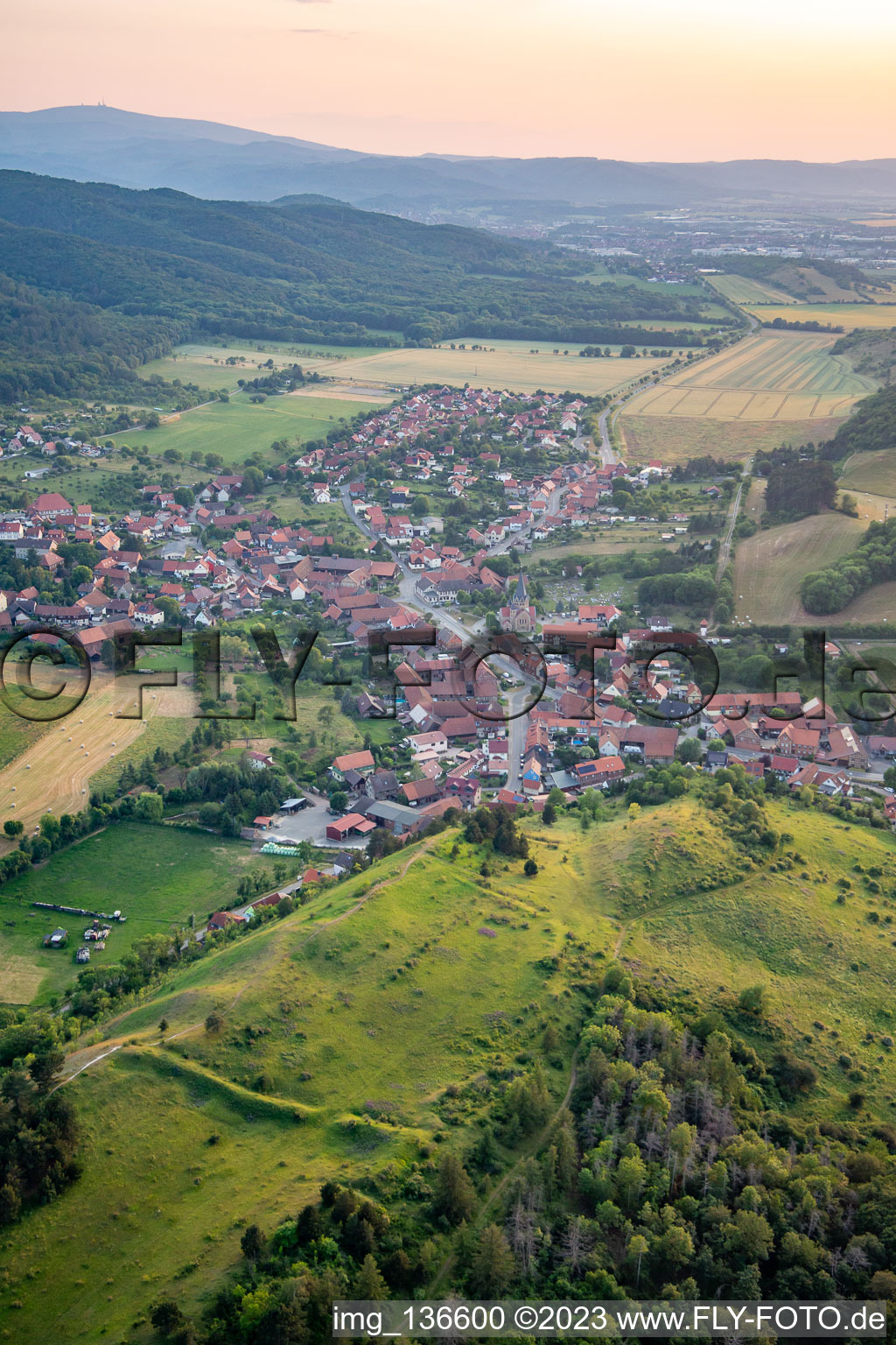 Aerial view of From the east in the district Benzingerode in Wernigerode in the state Saxony-Anhalt, Germany