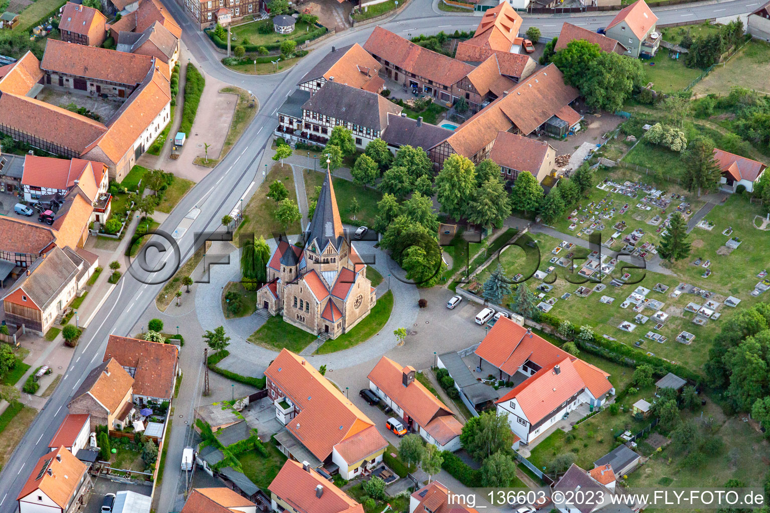 Aerial view of Church of the Redeemer in the district Benzingerode in Wernigerode in the state Saxony-Anhalt, Germany